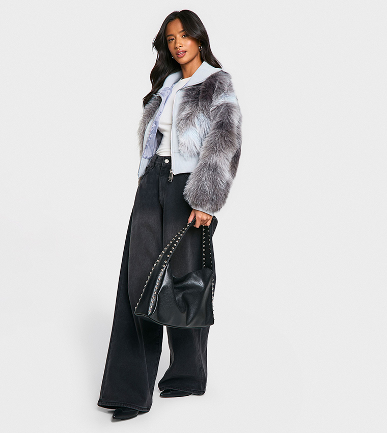 Petite Rib Detail Faux Fur Cropped Jacket