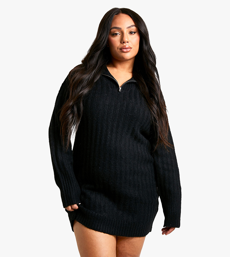 Curve Soft Knit Ribbed Zipper Neck Oversized Mini Dress