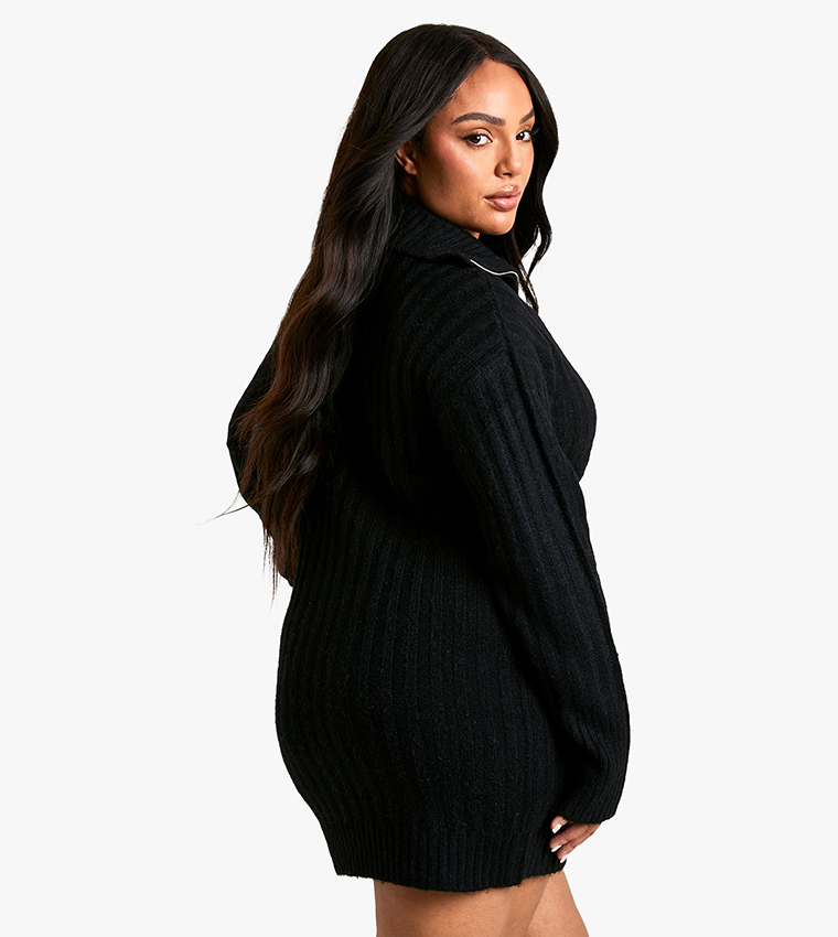 Curve Soft Knit Ribbed Zipper Neck Oversized Mini Dress