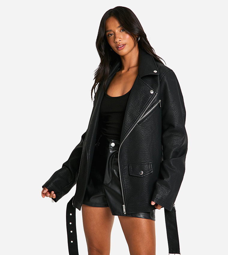 Buy Boohoo Petite Ultimate Faux Leather Oversized Biker Jacket In