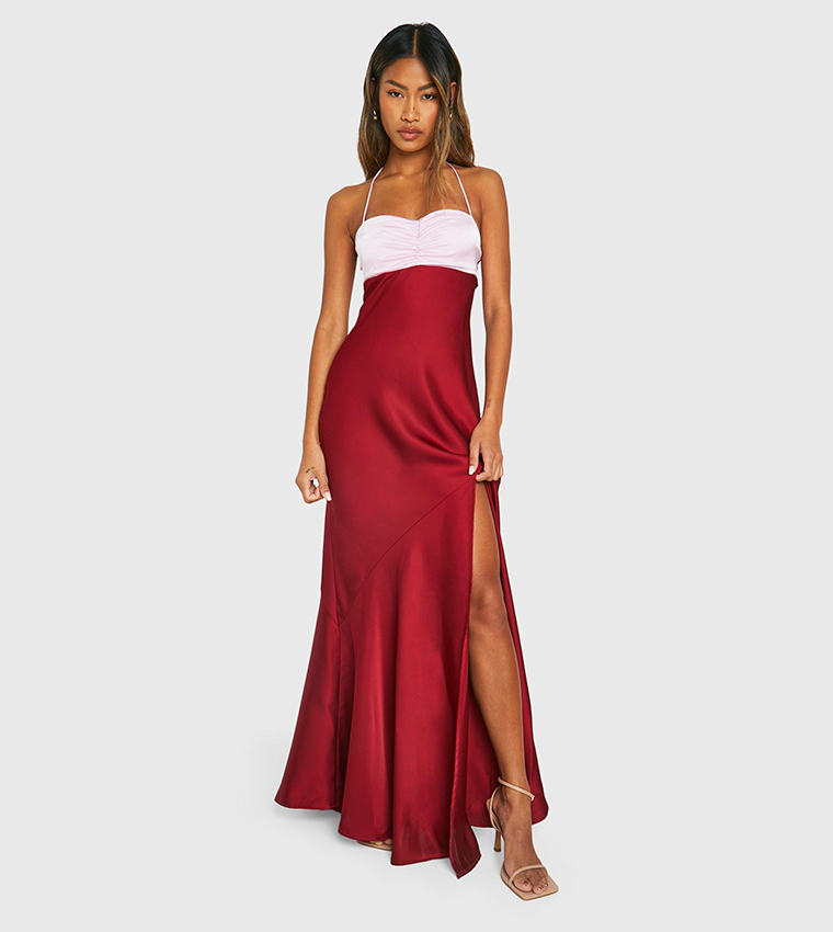 Buy Boohoo Color Block Contrast Satin Maxi Dress In Red 6thStreet Bahrain