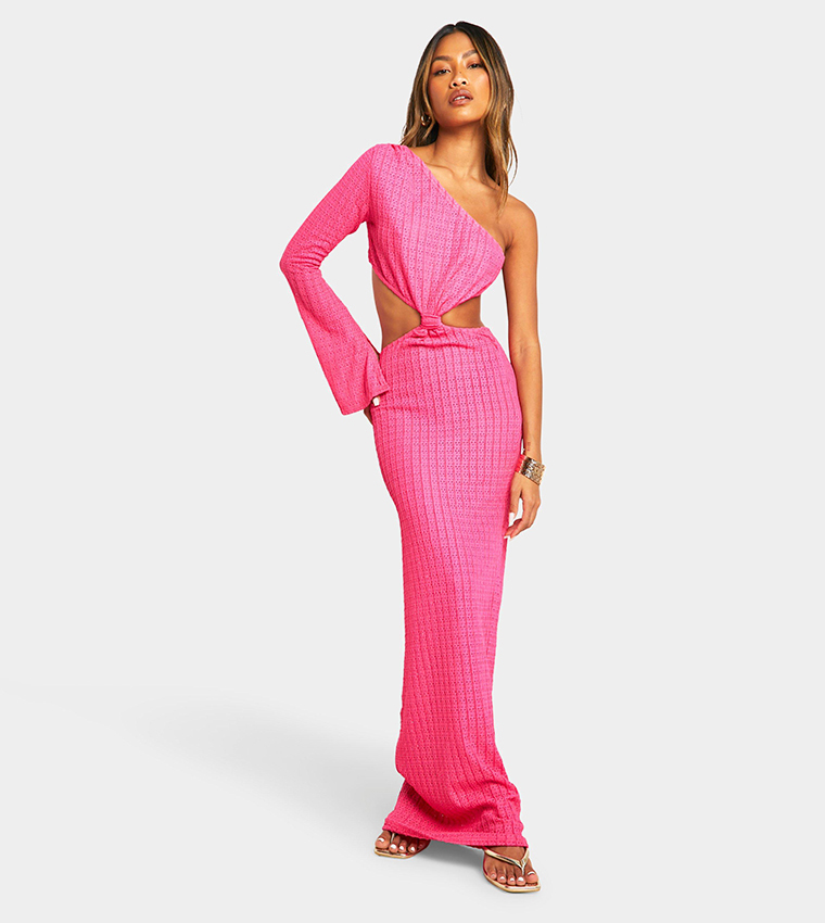 Textured One Shoulder Cut-Out Detail Maxi Dress