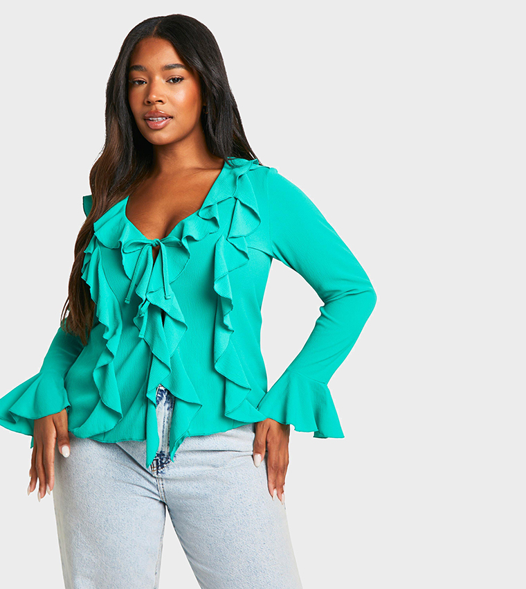 Curve Ruffle Frill Long Sleeves Top