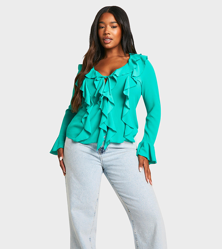 Curve Ruffle Frill Long Sleeves Top