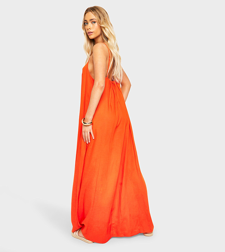 Buy Boohoo Linen Look Pleated Maxi Dress In Orange | 6thstreet UAE Buy Boohoo Linen Look Pleated Maxi Dress In Orange | 6thstreet UAE