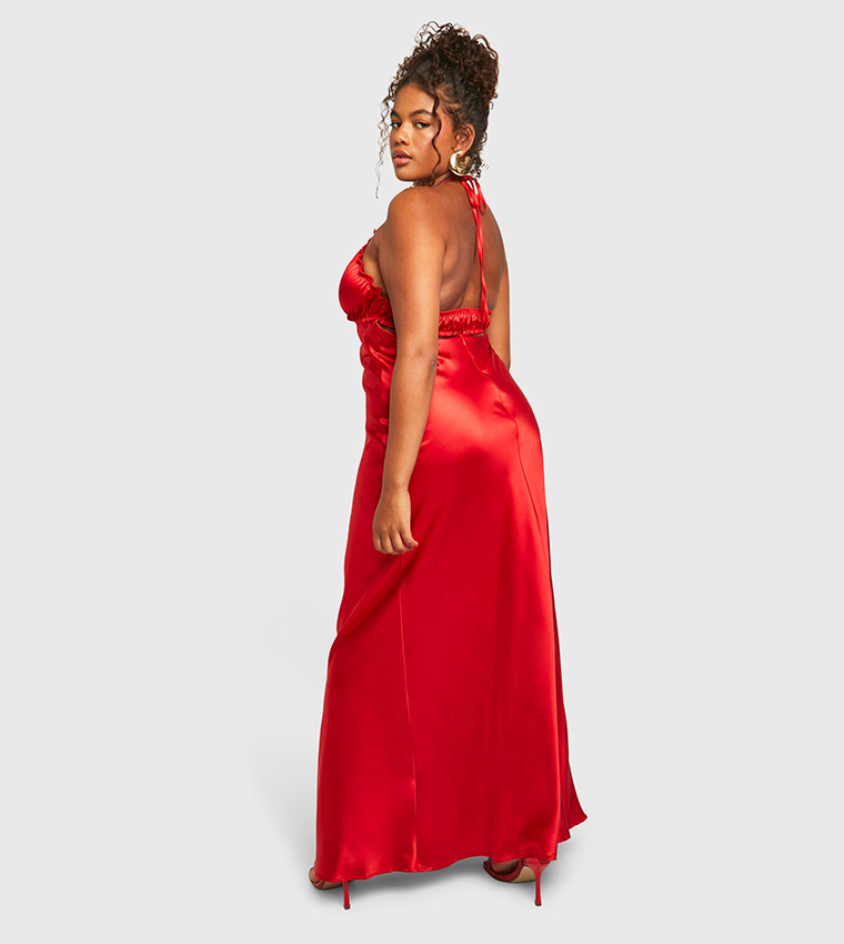 Buy Boohoo Curve Ruffle Satin Slip Maxi Dress In Red 6thStreet UAE