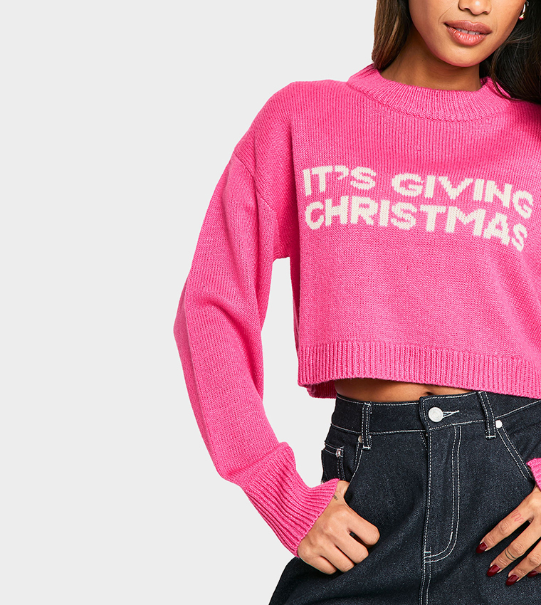 Buy Boohoo Its Giving Christmas Slogan Crew Neck Crop Sweater In