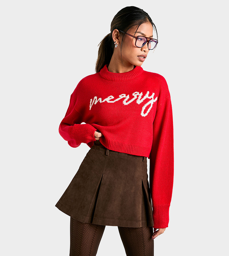 Buy Boohoo Merry Slogan Crew Neck Christmas Crop Sweater In Red