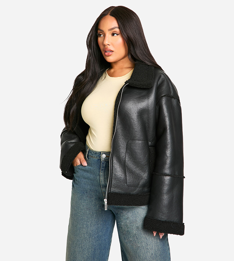 Buy Boohoo Curve Teddy Trim Faux Leather Jacket In Black
