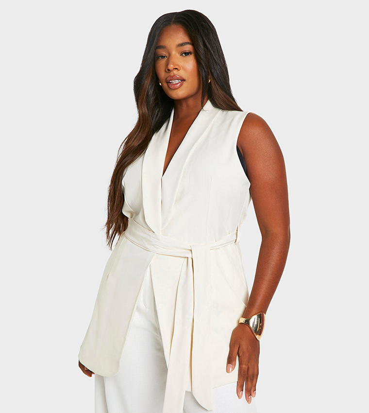 Buy Boohoo Curve Linen Look Sleeveless Blazer In White 6thStreet Kuwait