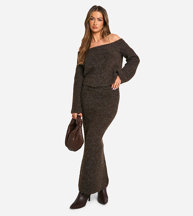 Knitted Oversized Bardot Sweater and Maxi Skirt Set
