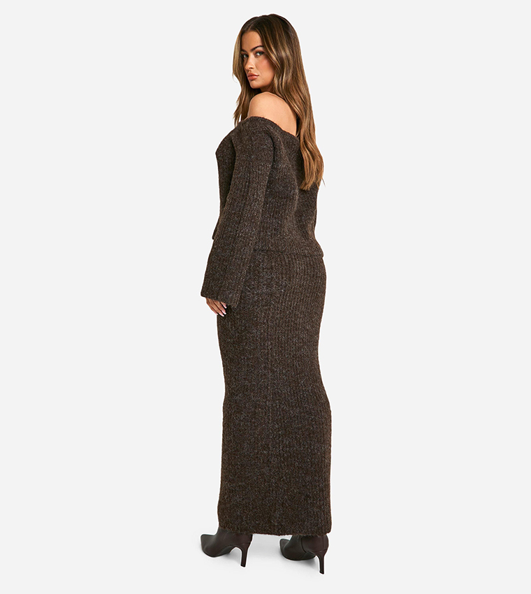 Knitted Oversized Bardot Sweater and Maxi Skirt Set