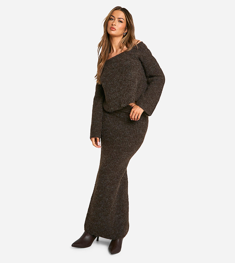 Knitted Oversized Bardot Sweater and Maxi Skirt Set