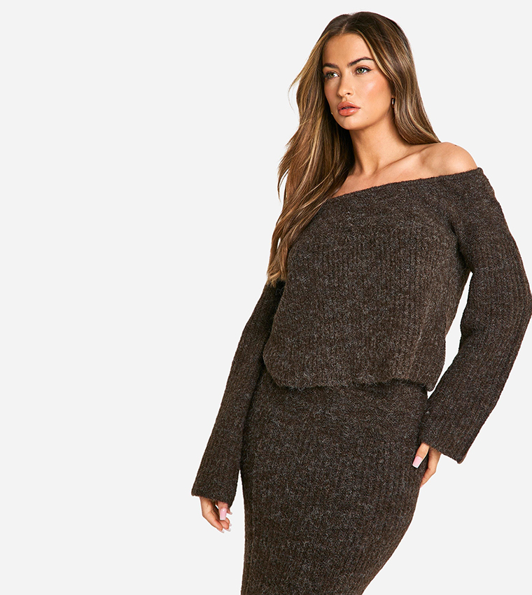 Knitted Oversized Bardot Sweater and Maxi Skirt Set