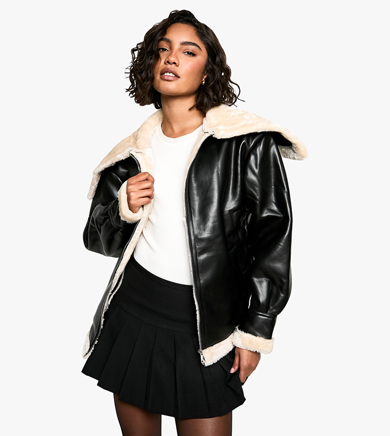 Tall Faux Fur Collar Leather Jacket