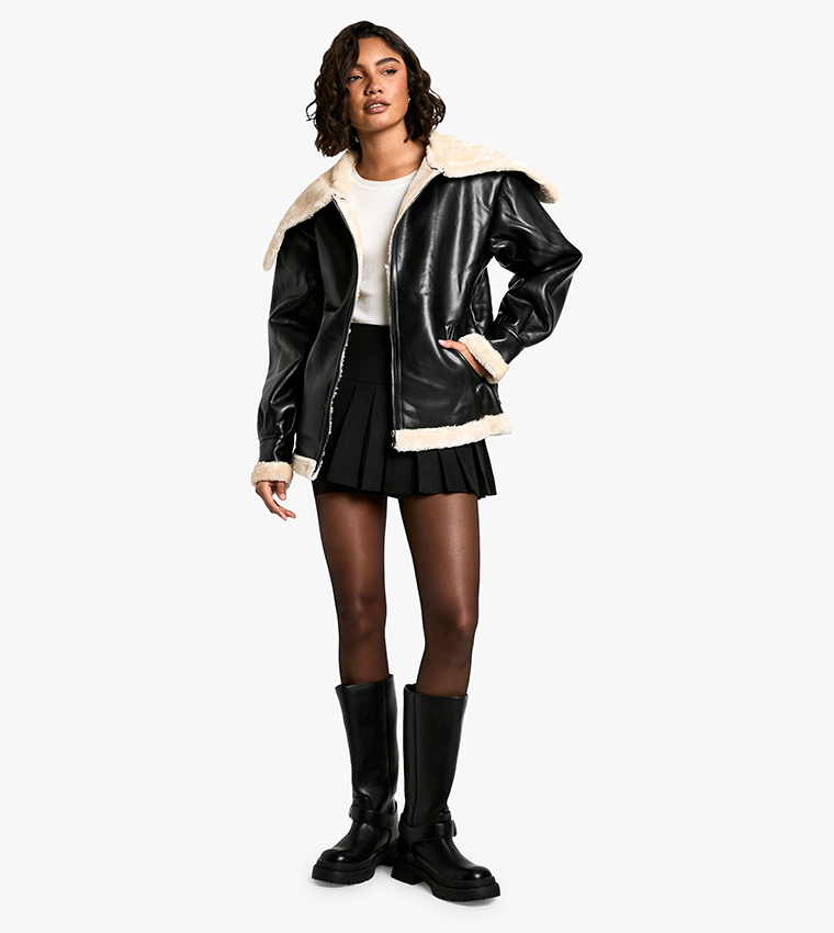 Tall Faux Fur Collar Leather Jacket