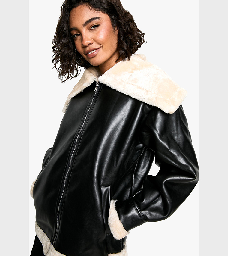 Tall Faux Fur Collar Leather Jacket