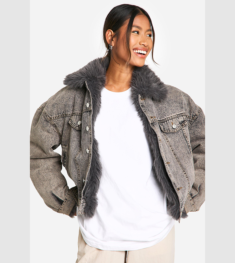 Buy Boohoo Faux Fur Collar Denim Jacket In Grey 6thStreet Bahrain