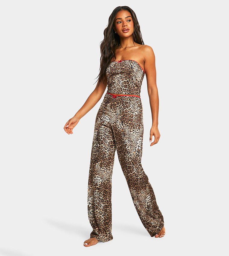 Buy Boohoo Leopard Top Bandeau Top And Trouser Lounge Set In