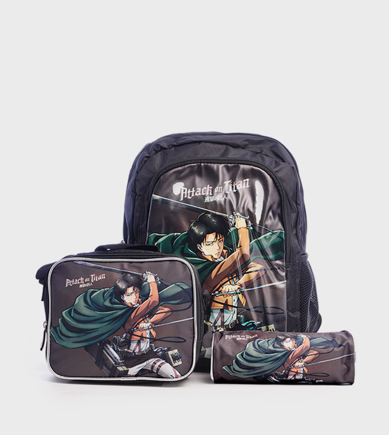 Buy Attack On Titan HOLLYWOOD MAGIC Attack On Titan Print Backpack With Lunch Bag And Pencil Case Set In Black 6thStreet UAE