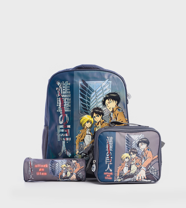 Buy Attack On Titan HOLLYWOOD MAGIC Attack On Titan Print Backpack With Lunch Bag And Pencil Case Set In Blue 6thStreet Oman