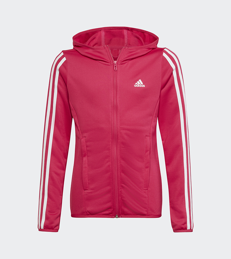 Buy Adidas Designed To Move 3 Striped Zippered Hoodie In Pink