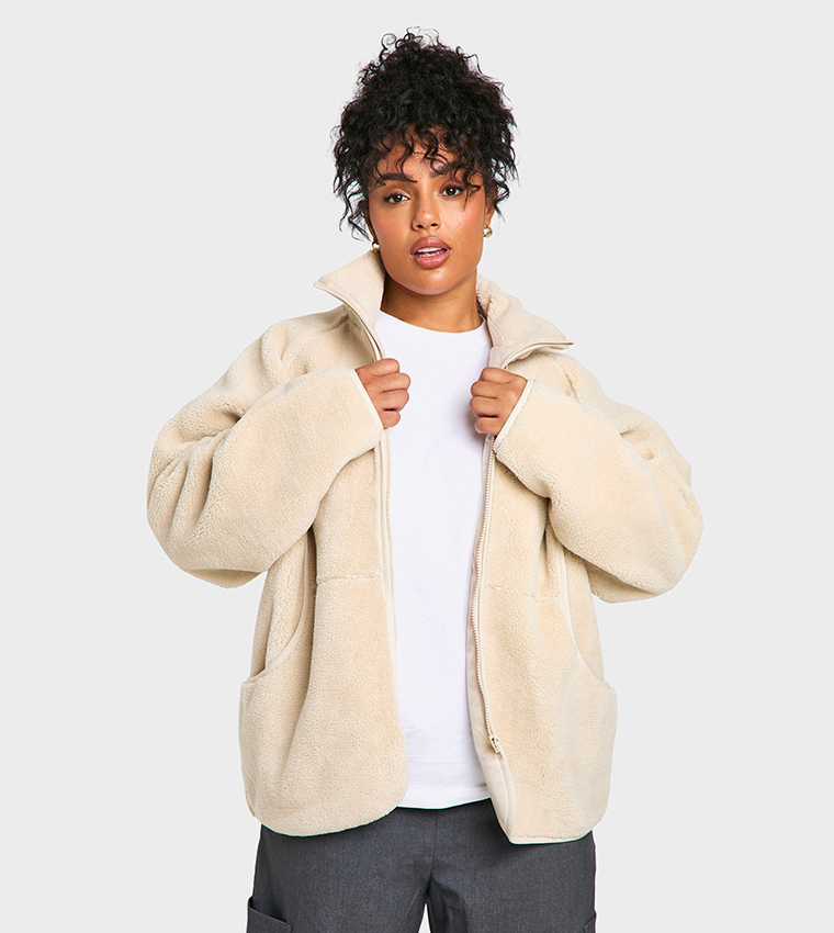 Buy Boohoo Curve Oversized Plush Zip Up Jacket In STONE 6thStreet Bahrain