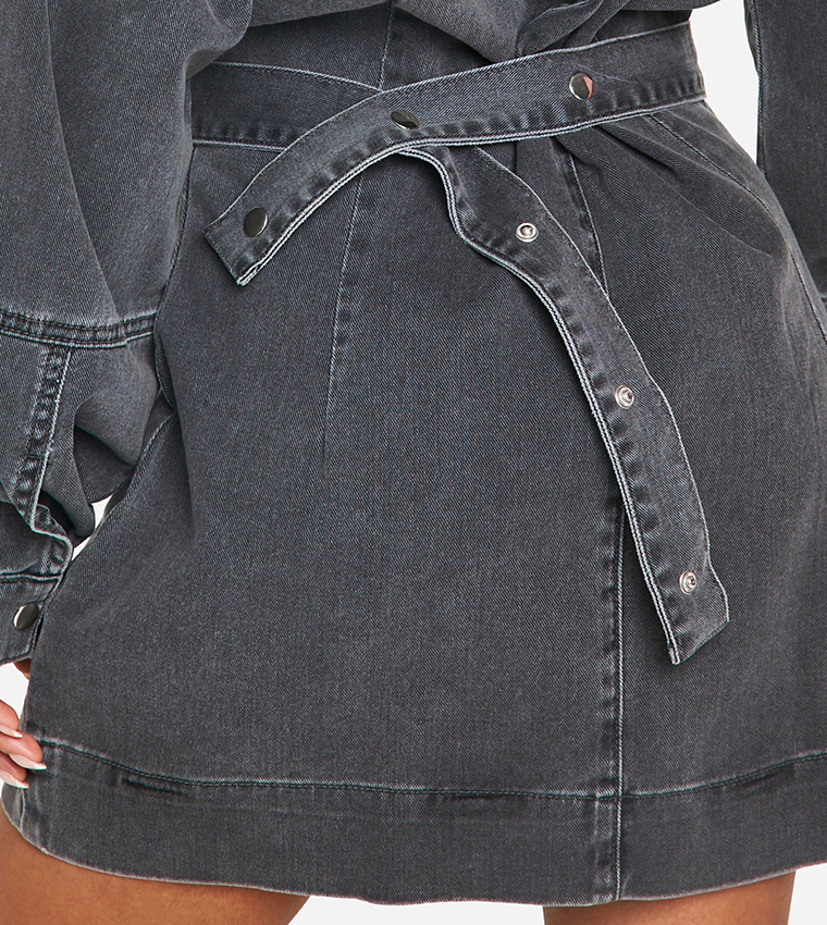 Buy Boohoo Petite Volume Sleeves Denim Wrap Mini Dress In Grey