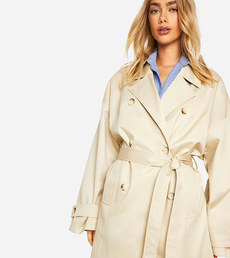 Buy Boohoo Double Breast Belted Synched Back Oversized Trench Coat