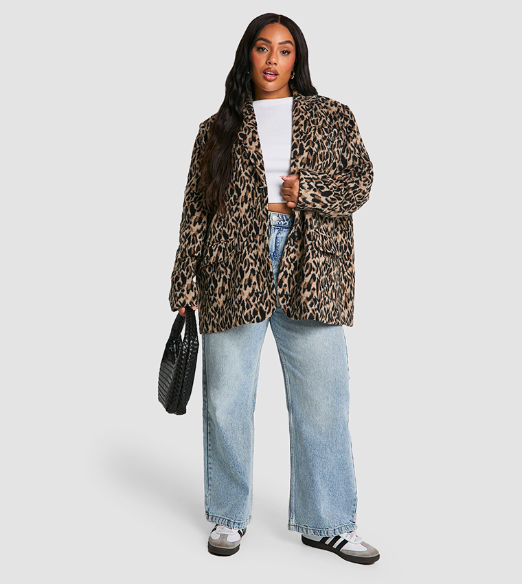 Buy Boohoo Curve Leopard Print Wool Look Blazer In Brown