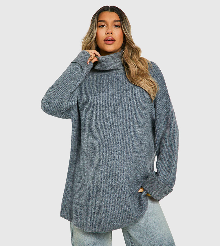 Buy Boohoo Maternity Roll Neck Longline Batwing Sweater In Grey - Main Image