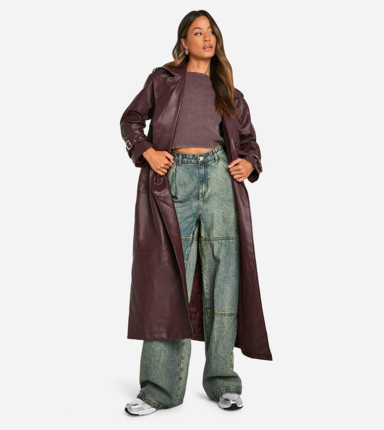 Tall Double Breast Faux Leather Maxi Trench Coat