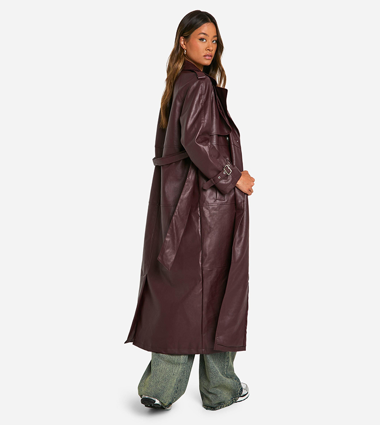 Tall Double Breast Faux Leather Maxi Trench Coat