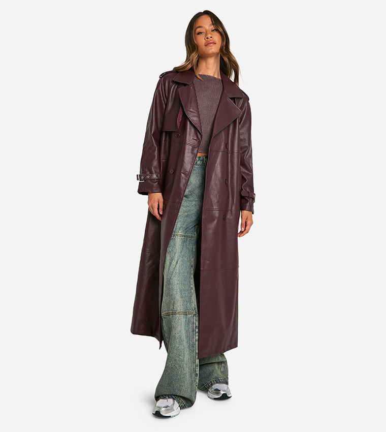 Tall Double Breast Faux Leather Maxi Trench Coat