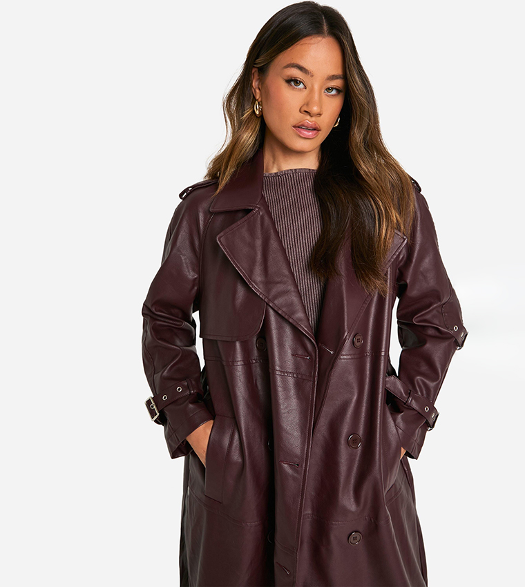 Tall Double Breast Faux Leather Maxi Trench Coat