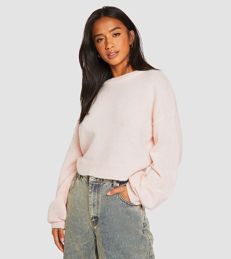 Buy Boohoo Petite Soft Knit Crew Neck Crop Jumper In Light Pink
