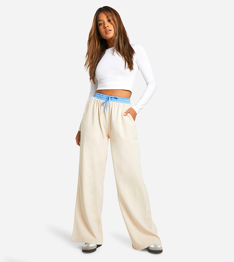 Petite Contrast Detail Waistband Wide Leg Trousers