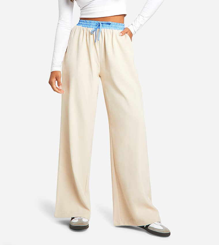 Petite Contrast Detail Waistband Wide Leg Trousers