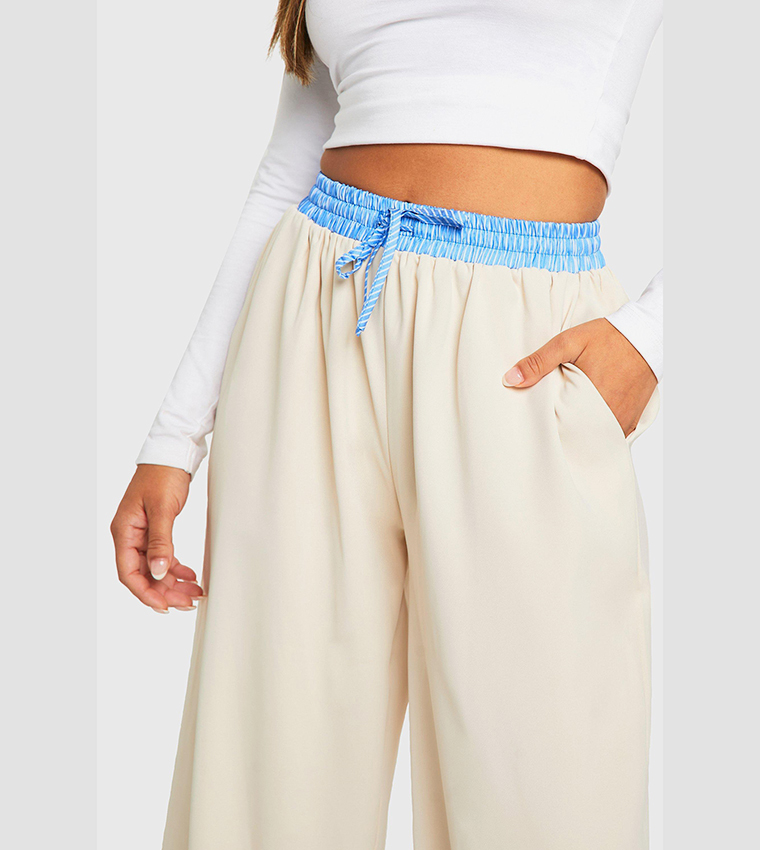 Petite Contrast Detail Waistband Wide Leg Trousers