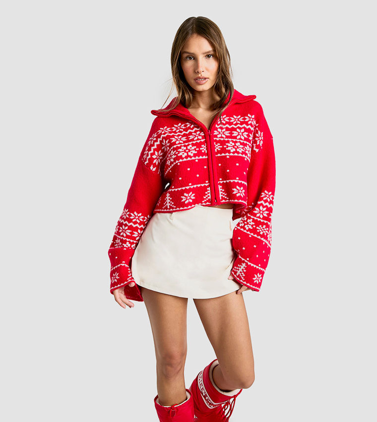 Christmas Fairisle Zip Up Knitted Cardigan