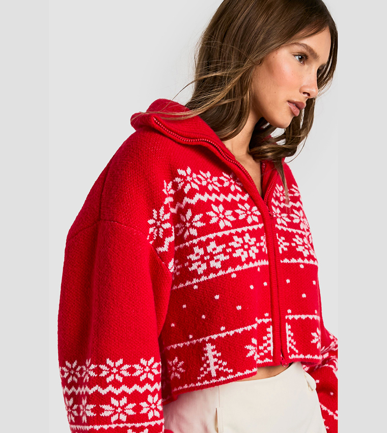 Christmas Fairisle Zip Up Knitted Cardigan