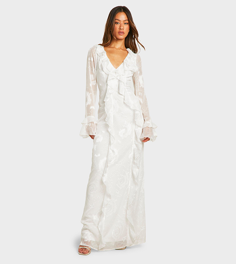 boohoo jacquard ruffle maxi dress boohoo Women's Jacquard Frill Side Split Maxi Dress