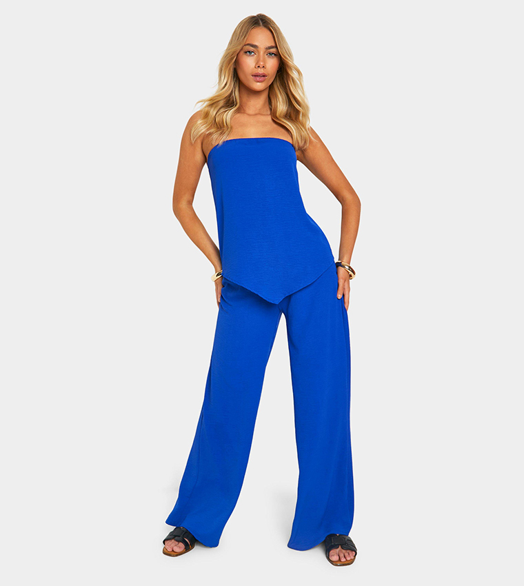 Hammered V Hem Bandeau Top & Wide Leg Trousers Set