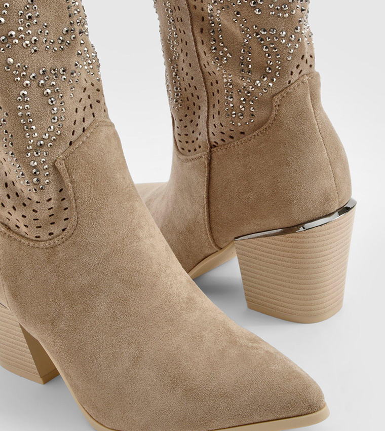 Buy Boohoo Embellished Calf High Western Boots In Beige 6thStreet Oman