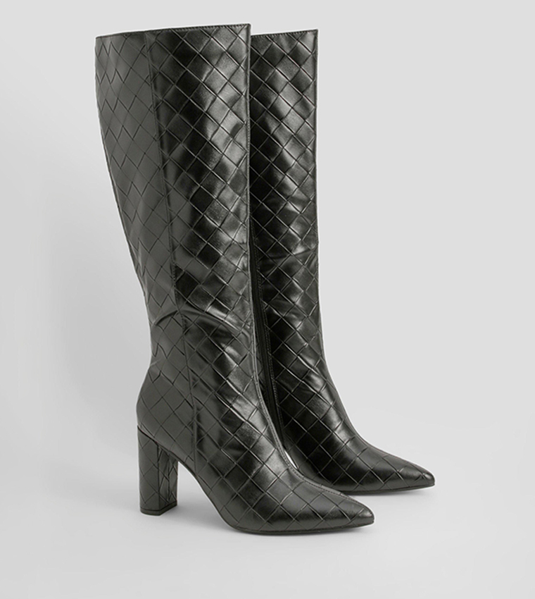 Woven Detail Block Heel Knee High Boots