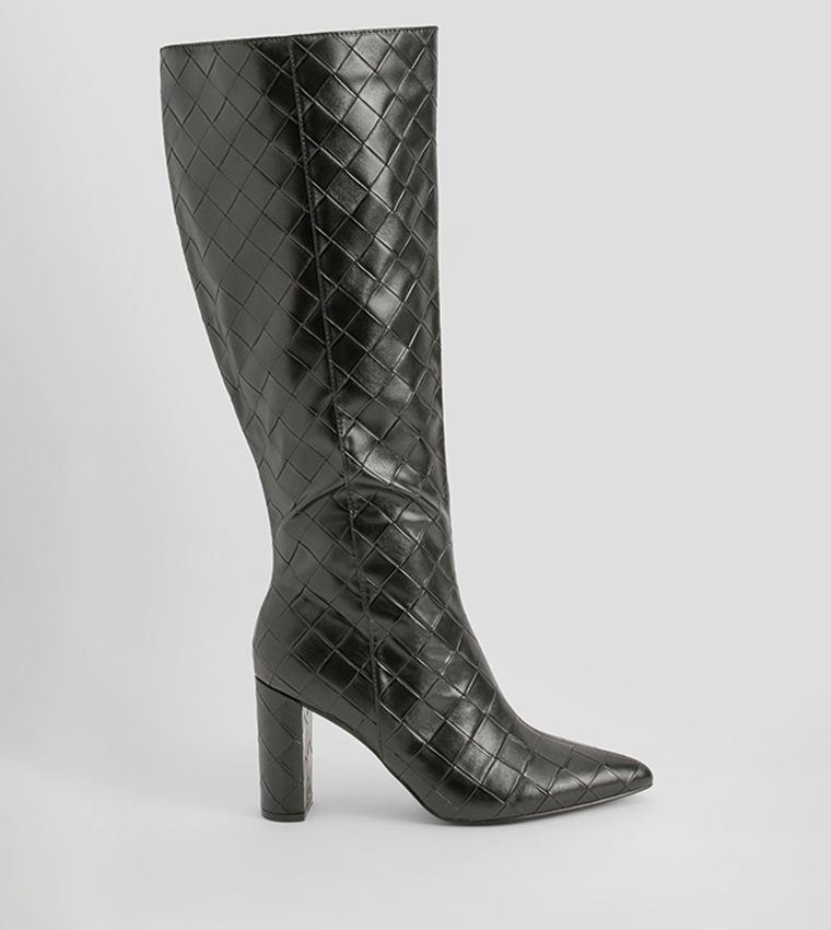 Woven Detail Block Heel Knee High Boots