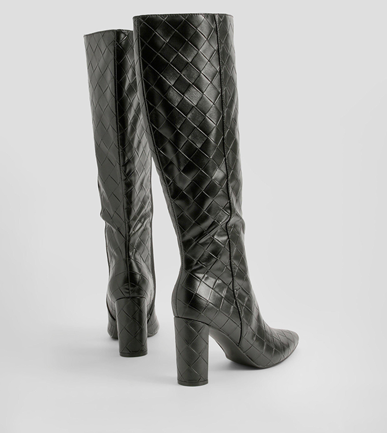 Woven Detail Block Heel Knee High Boots