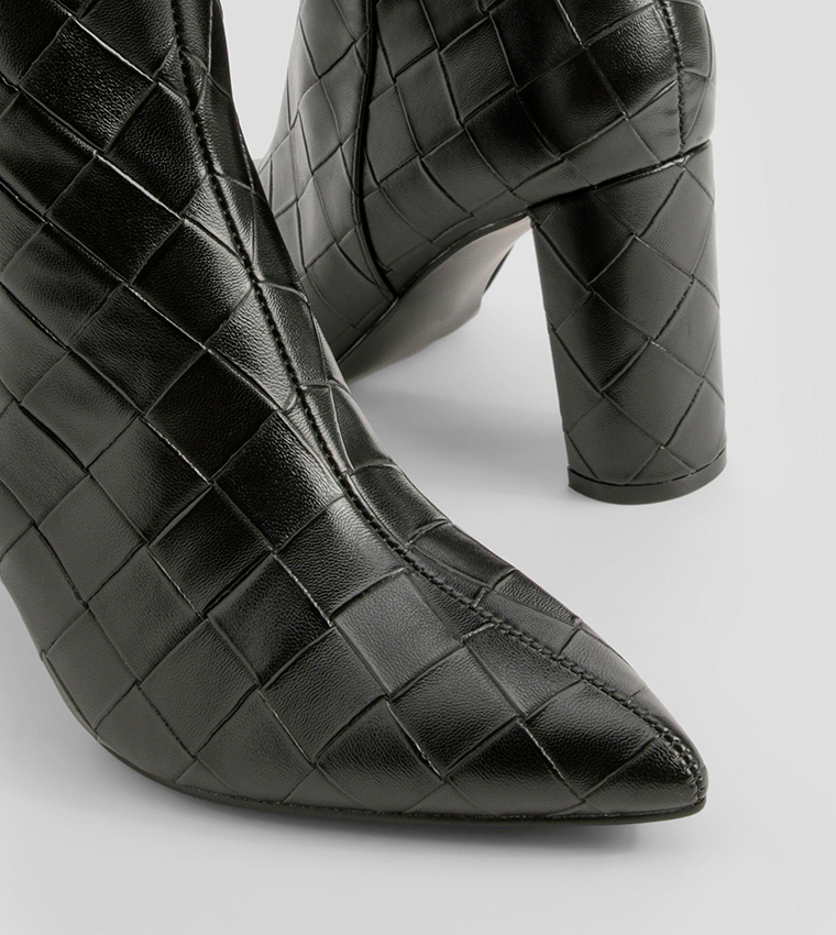 Woven Detail Block Heel Knee High Boots