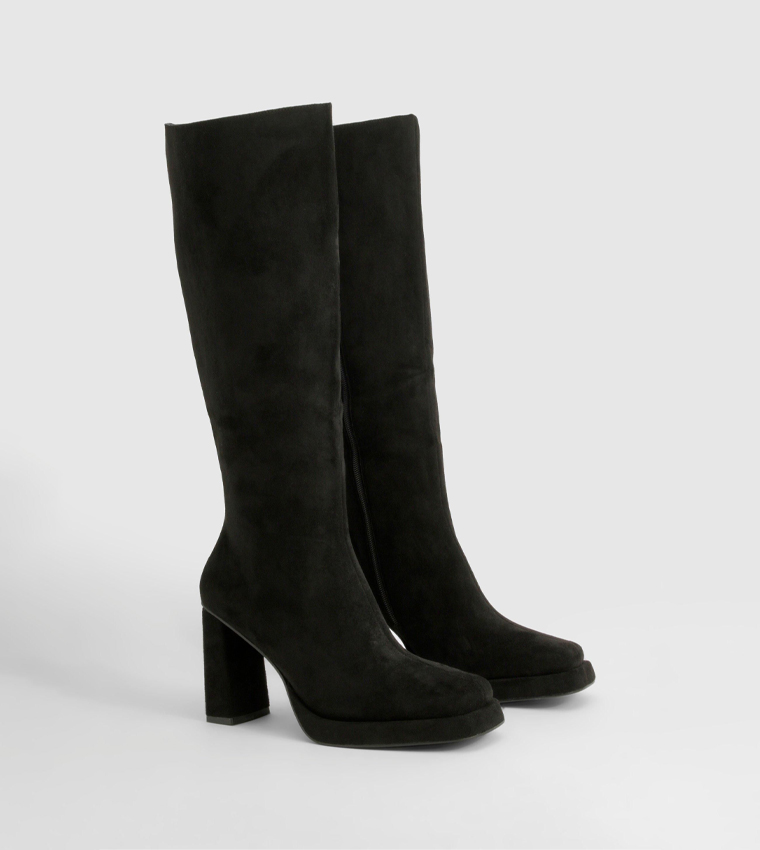 Faux Suede Block Heel Platform Knee High Boots