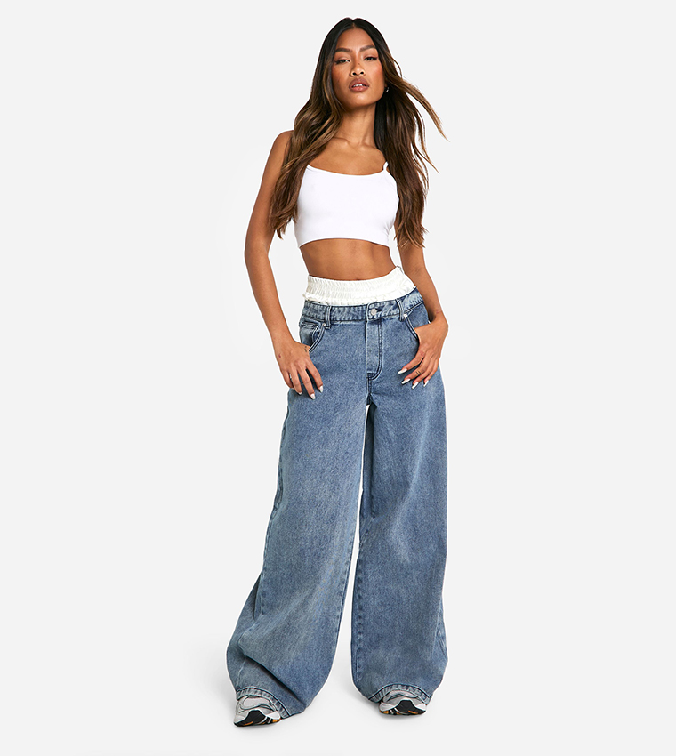 Satin Boxer Detail High Waist Wide Leg Denim Jeans